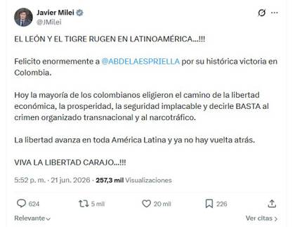 Milei ante eventual triunfo de De la Espriella: El león y el tigre rugen en Latinoamérica