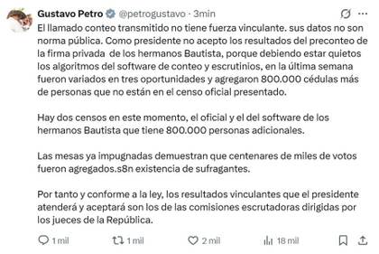 Petro no acepta conteo electoral que dio a De la Espriella como el más votado en Colombia