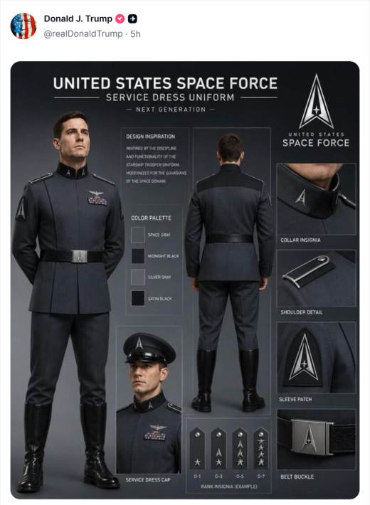 Trump desvela uniforme de Fuerza Espacial y las redes lo comparan con traje nazi