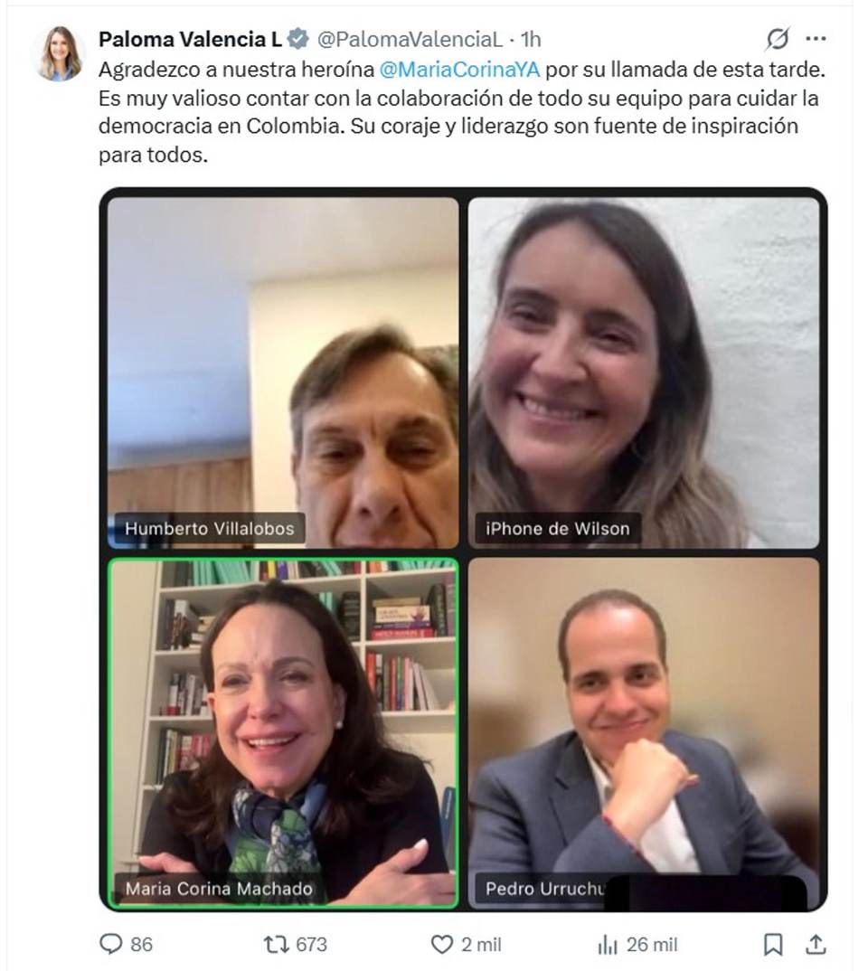 La candidata colombiana Paloma Valencia conversa por videollamada con María Corina Machado