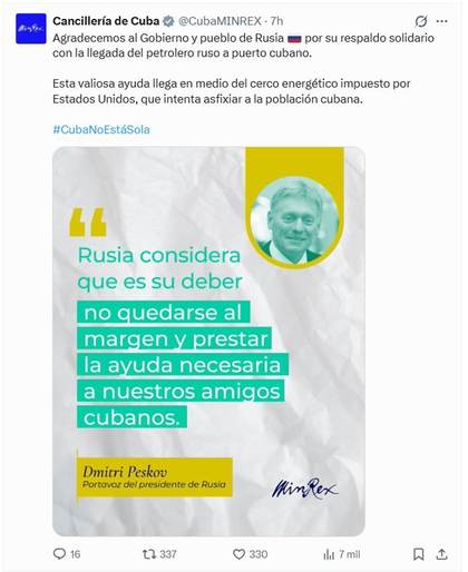 Cuba agradece la llegada de crudo de Rusia en medio del asedio petrolero de EE.UU.