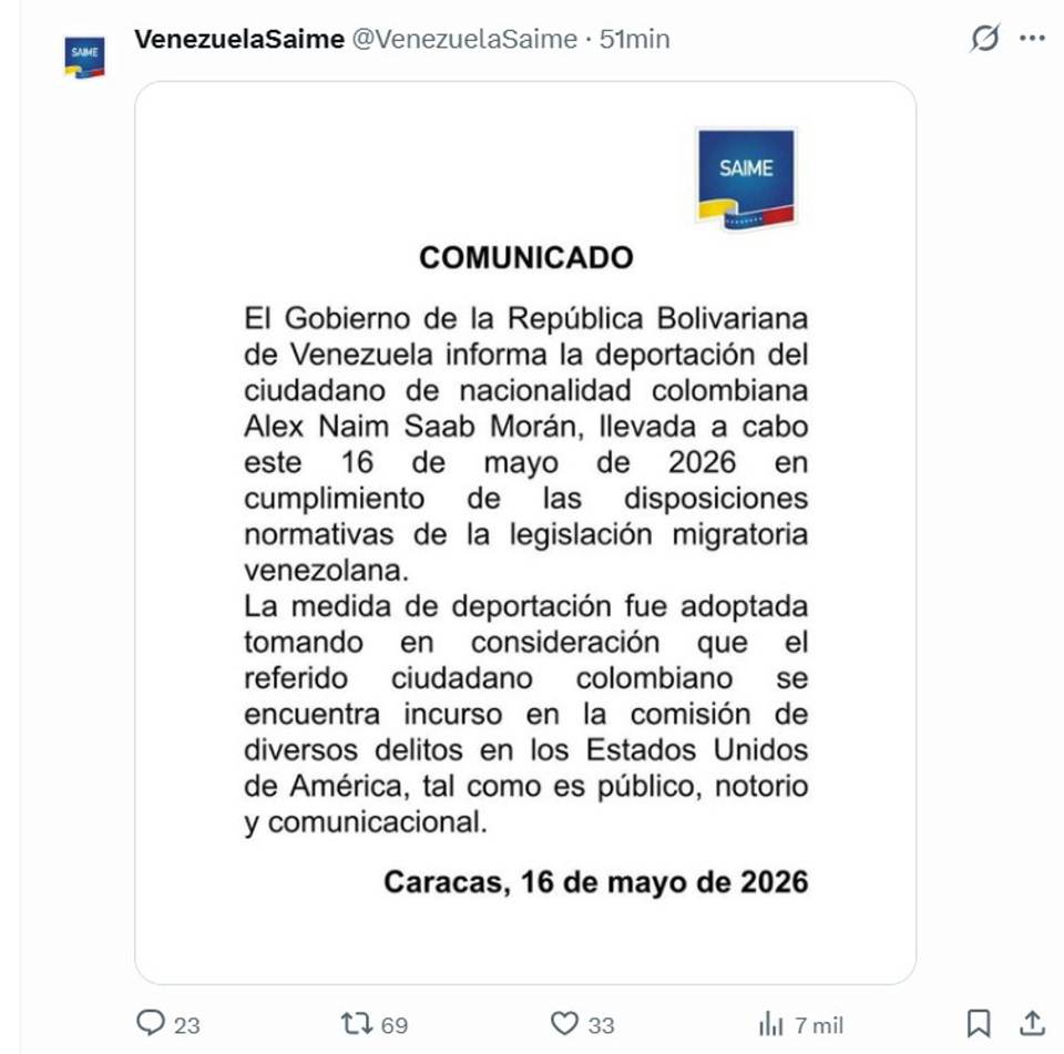 El Gobierno de Venezuela informa de la deportación de Alex Saab a Estados Unidos