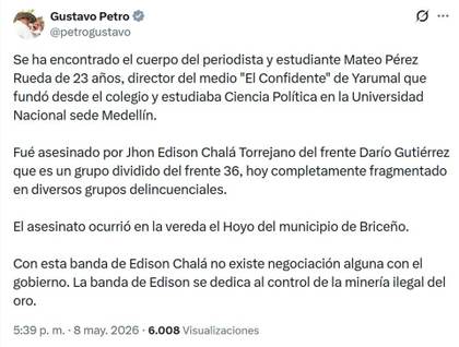 Petro achaca el asesinato de un periodista colombiano a una disidencia de las FARC