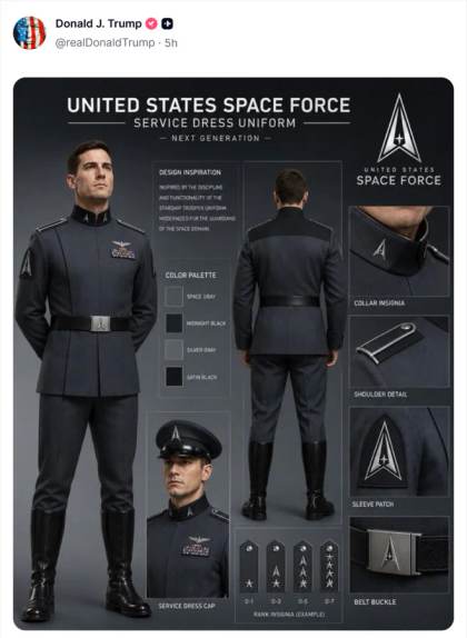 Trump desvela uniforme de Fuerza Espacial y las redes lo comparan con traje nazi