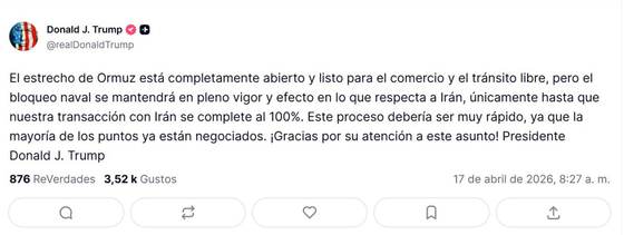 Trump anuncia que mantiene el bloqueo naval a Irán pese a la reapertura de Ormuz