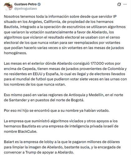 Petro rechaza la legitimidad del Gobierno de De la Espriella e insiste en fraude electoral