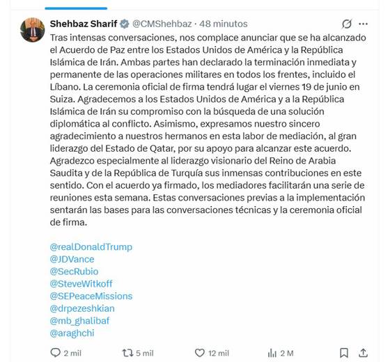 Primer ministro pakistaní, Shehbaz Sharif, confirma acuerdo de paz entre EE.UU. e Irán
