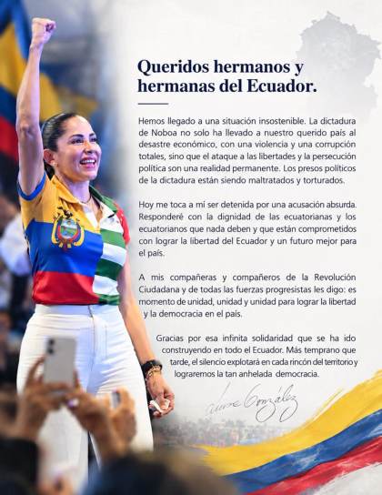 La excandidata Luisa González denuncia "dictadura de Noboa" en Ecuador tras ser detenida