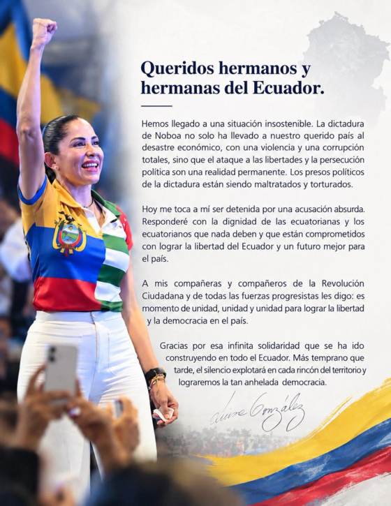 La excandidata Luisa González denuncia "dictadura de Noboa" en Ecuador tras ser detenida