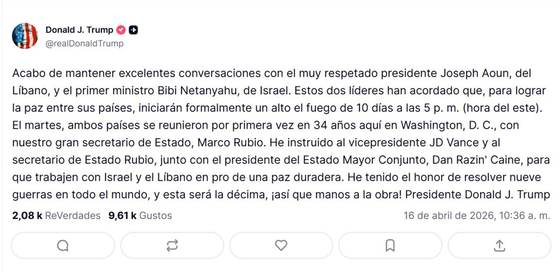 Trump anuncia un alto el fuego de diez días entre Israel y el Líbano