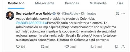 Rubio felicita a De la Espriella y confía en trabajar en poner fin a "inmigración ilegal"