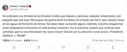 Trump ordena atacar toda pequeña embarcación sospechosa de minar el estrecho de Ormuz