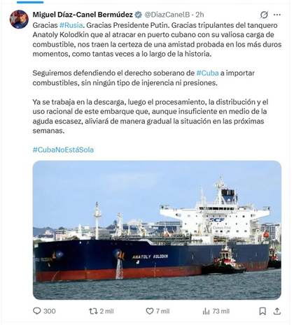 Díaz-Canel da gracias a Rusia, Putin y tripulantes del petrolero por carga de combustible