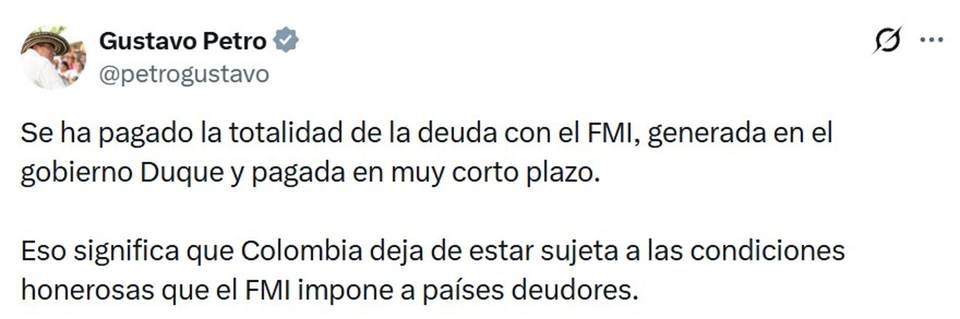 Colombia paga la "totalidad de la deuda" de un préstamo que le hizo el FMI en 2020