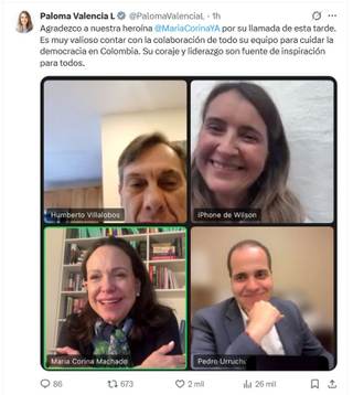La candidata colombiana Paloma Valencia conversa por videollamada con María Corina Machado