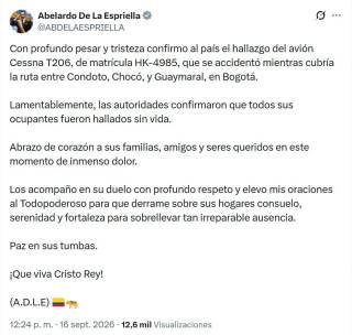 Hallan sin vida a los cinco ocupantes del avión accidentado el domingo en Colombia