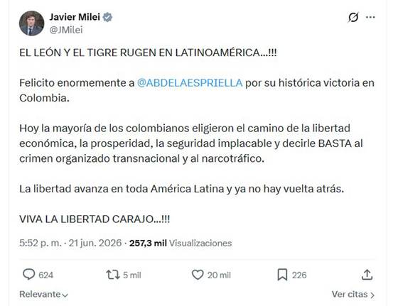 Milei ante eventual triunfo de De la Espriella: El león y el tigre rugen en Latinoamérica