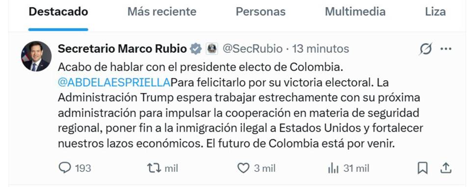 Rubio felicita a De la Espriella y confía en trabajar en poner fin a "inmigración ilegal"