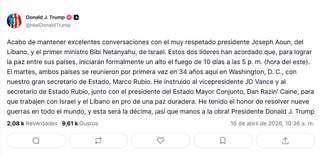 Trump anuncia un alto el fuego de diez días entre Israel y el Líbano