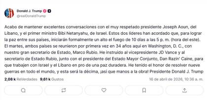 Trump anuncia un alto el fuego de diez días entre Israel y el Líbano