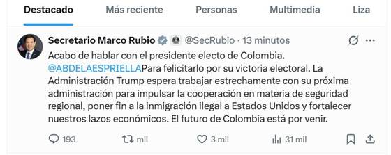 Rubio felicita a De la Espriella y confía en trabajar en poner fin a "inmigración ilegal"