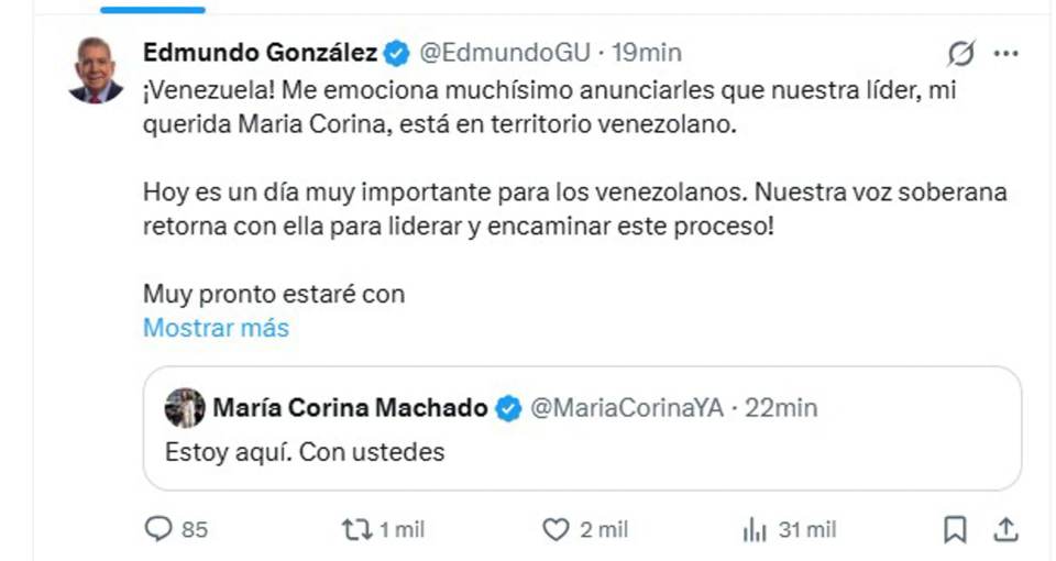 González Urrutia asegura que María Corina Machado ya se encuentra en Venezuela