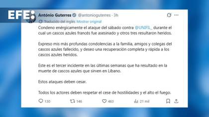 Guterres pide que se respete el alto el fuego en Líbano tras muerte de soldado de la ONU