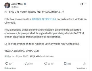 Milei ante eventual triunfo de De la Espriella: El león y el tigre rugen en Latinoamérica