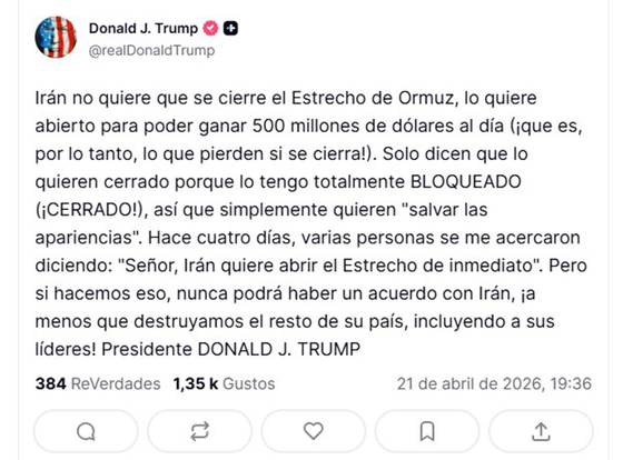 Trump dice que el bloqueo naval contra Irán es necesario para alcanzar un acuerdo