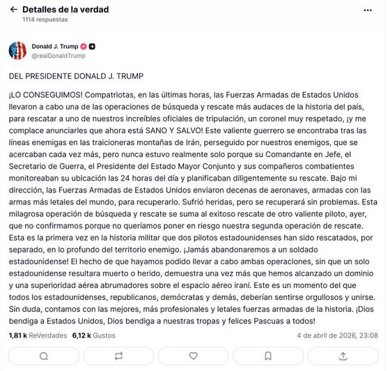 Trump dice que el Ejército de EE.UU. rescató con vida al piloto de avión derribado en Irán