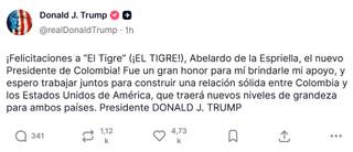 Trump construirá una "relación sólida" con Colombia tras la victoria de De la Espriella