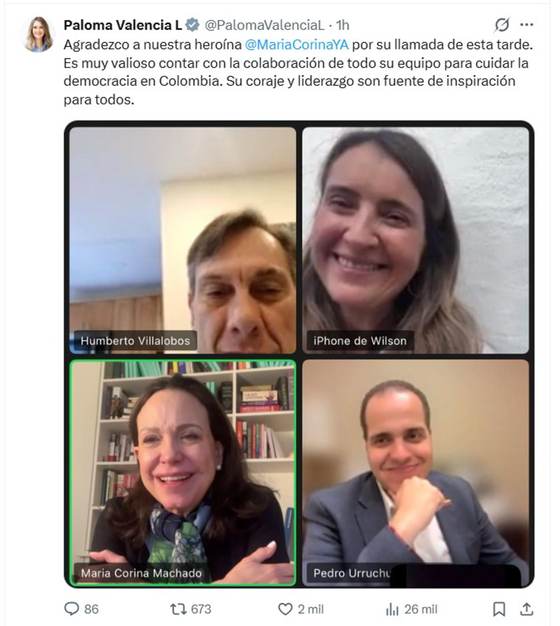 La candidata colombiana Paloma Valencia conversa por videollamada con María Corina Machado