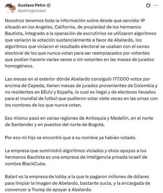 Petro rechaza la legitimidad del Gobierno de De la Espriella e insiste en fraude electoral