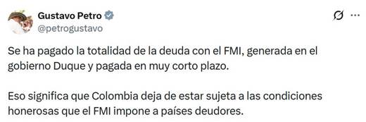 Colombia paga la "totalidad de la deuda" de un préstamo que le hizo el FMI en 2020