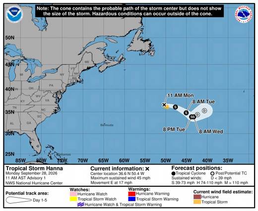 Se forma en el Atlántico la tormenta tropical Hanna, sin amenazas a tierra
