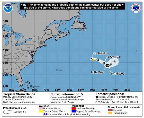 Se forma en el Atlántico la tormenta tropical Hanna, sin amenazas a tierra