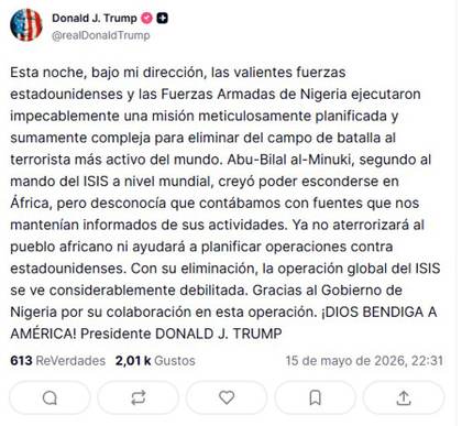 Trump asegura que EEUU eliminó en Nigeria al número dos del Estado Islámico en el mundo