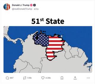 Trump comparte una imagen del mapa de Venezuela pintado con la bandera de Estados Unidos