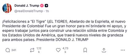 Trump construirá una "relación sólida" con Colombia tras la victoria de De la Espriella