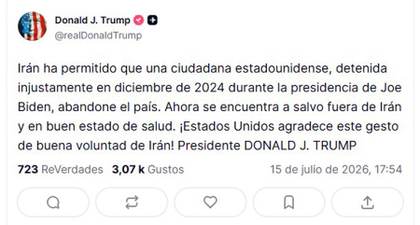 Trump dice que Irán liberó a una ciudadana estadounidense detenida desde 2024