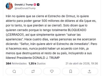 Trump dice que el bloqueo naval contra Irán es necesario para alcanzar un acuerdo