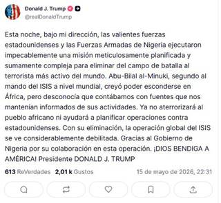 Trump asegura que EEUU eliminó en Nigeria al número dos del Estado Islámico en el mundo